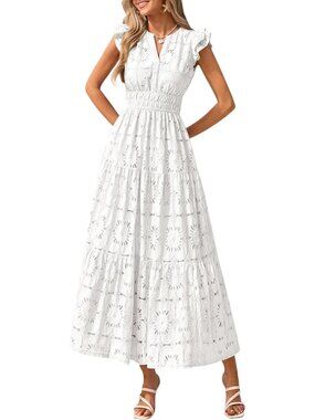 🆕 Women's White Eyelet Lace Boho Maxi Summer Tiered V-Neck Dress